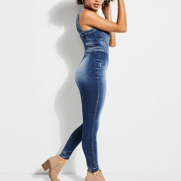 GUESS Women's Nada Paneled Denim Jumpsuit sz S - Picture 3 of 12